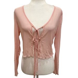 Pink Sheer Mesh Tie Front Blouse Cover Up